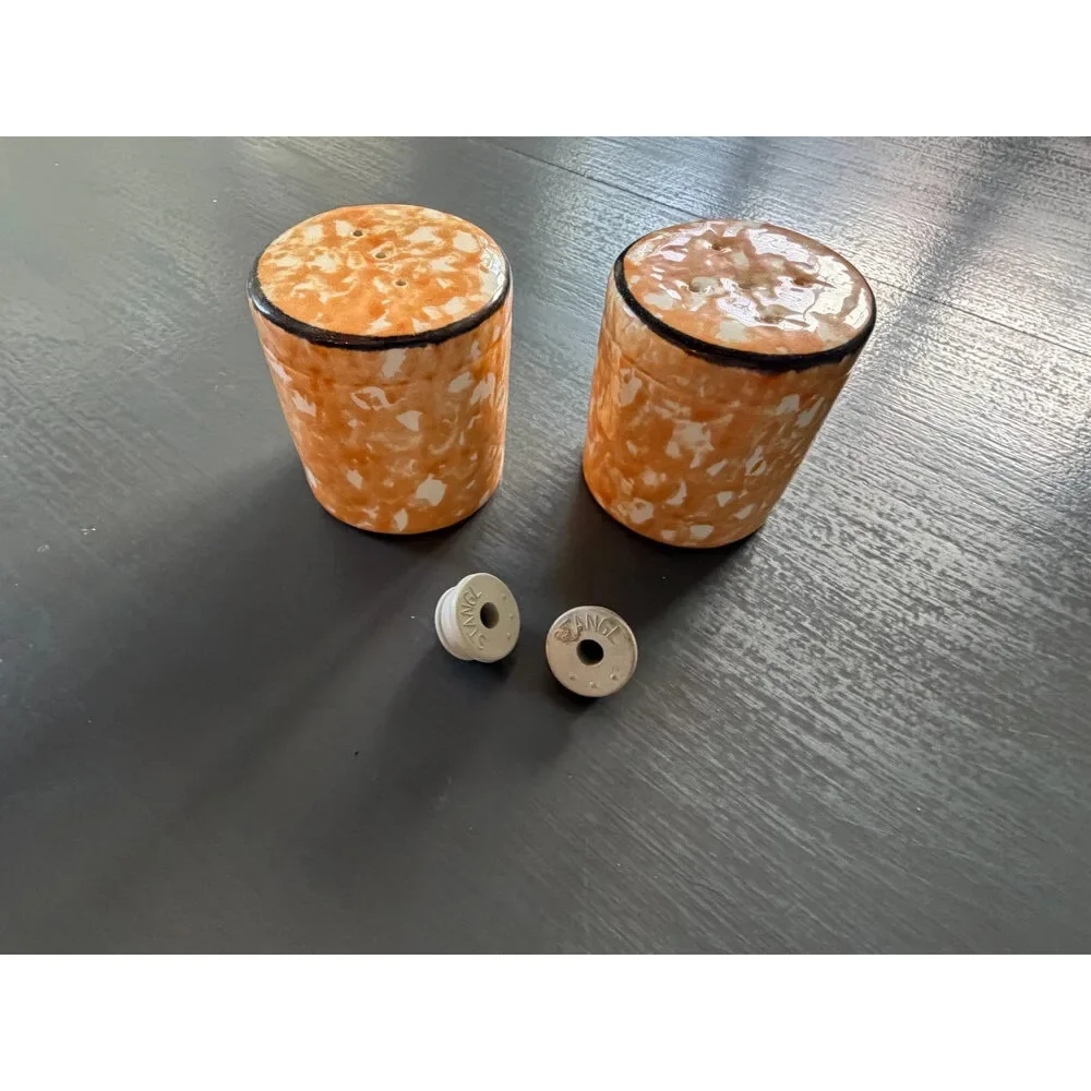 Stangl Town and Country Orange Splatter Ware Salt & Pepper Shakers + Stoppers